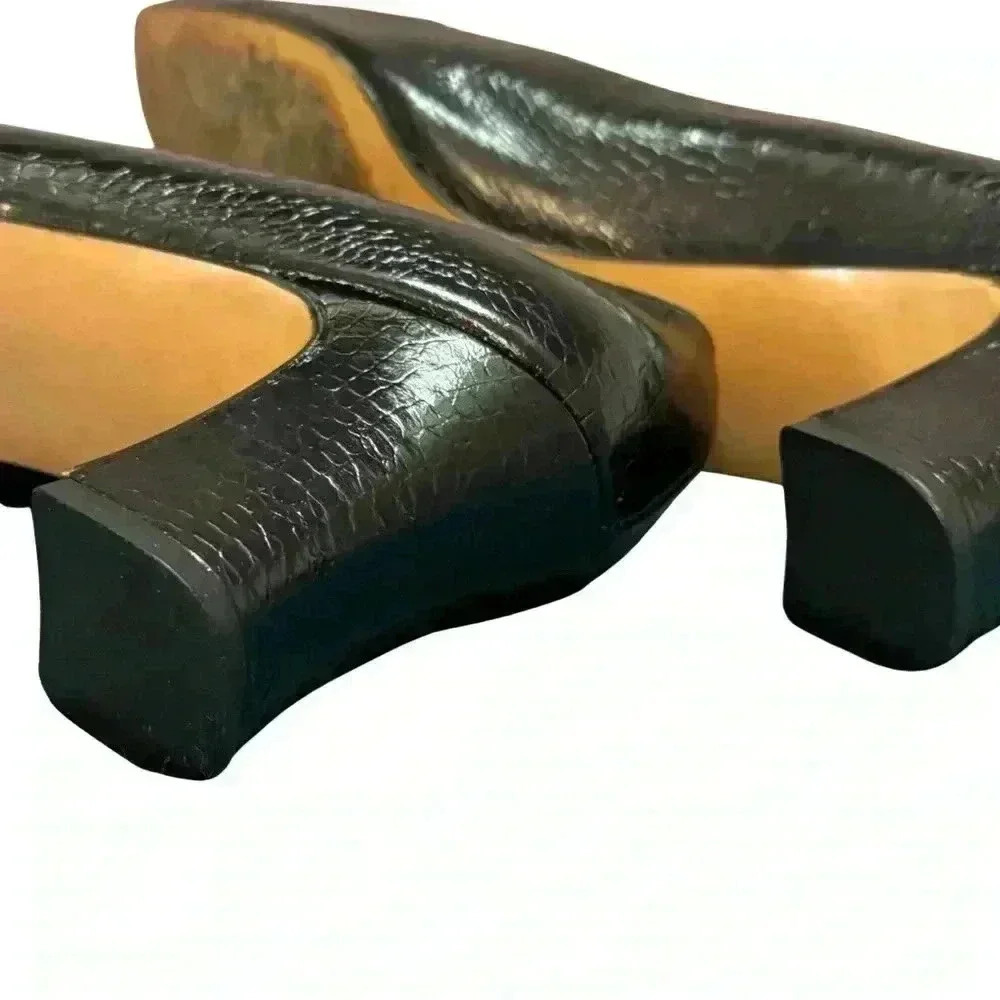 Salvatore Ferragamo Womens 10 heels Black Leather Croc Emboss Shoes gold buckle - Picture 4 of 13